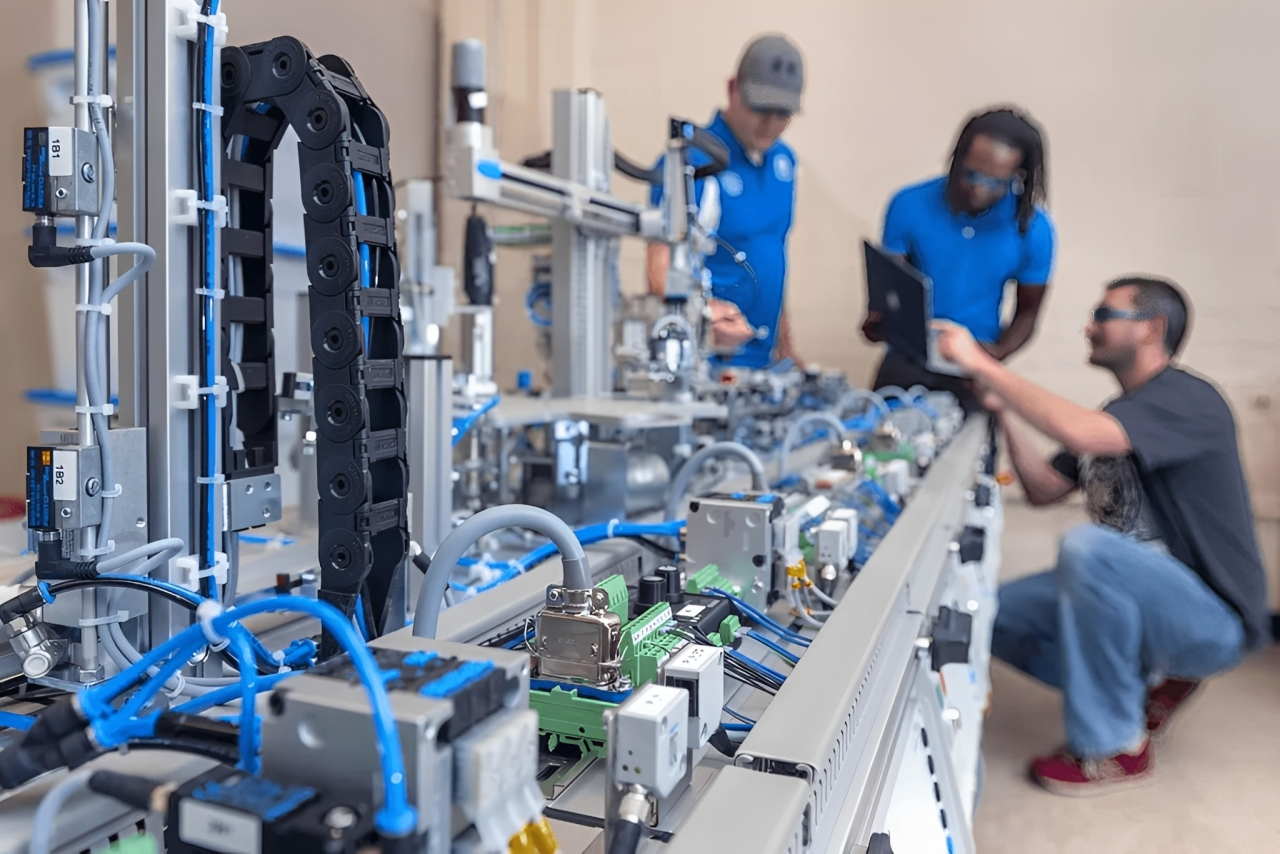 Equipe técnica trabalhando em automação industrial em Goiânia